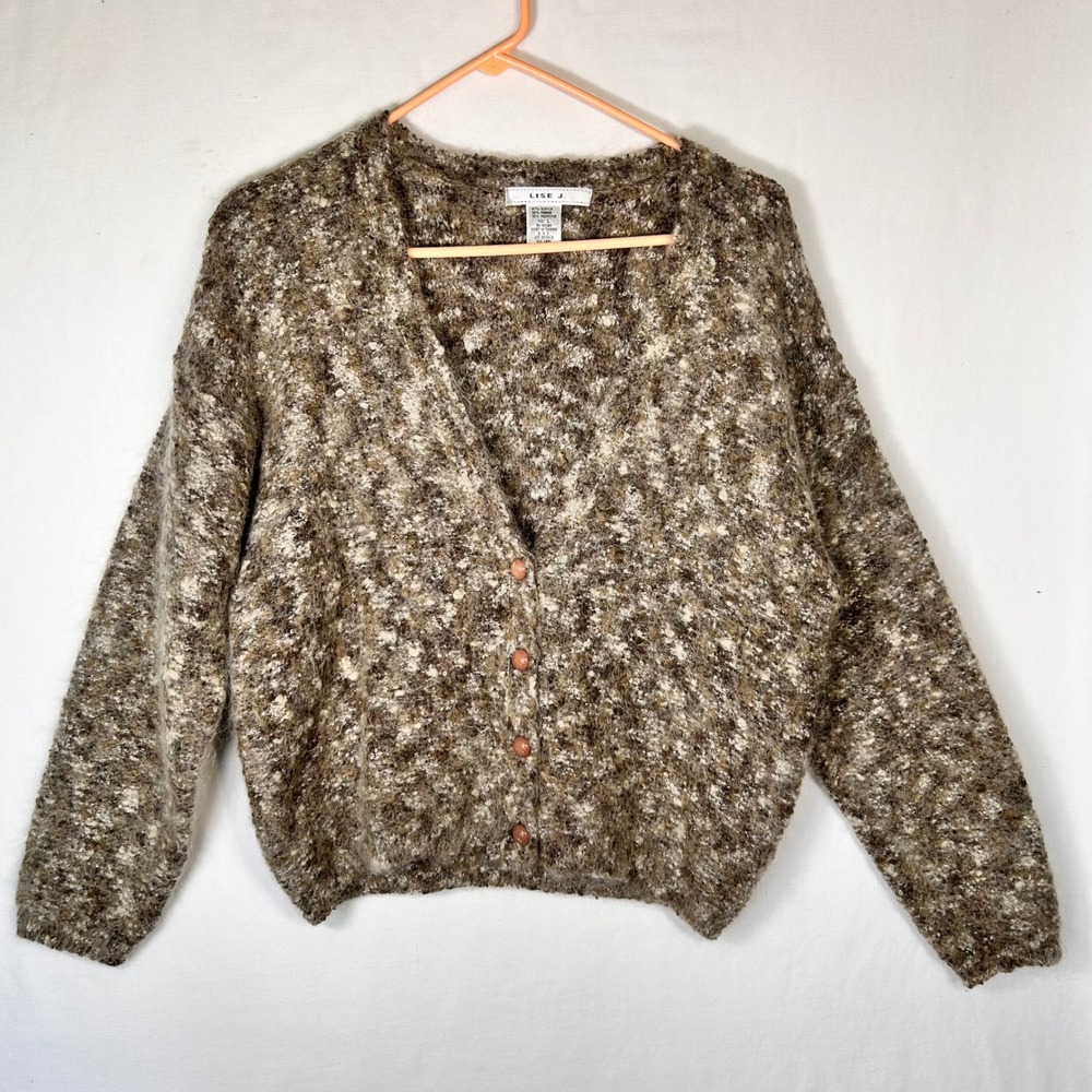 Lise J Mohair Blend Cardigan Brown Cream Fuzzy Boucle Knit V-Neck Sweater Large